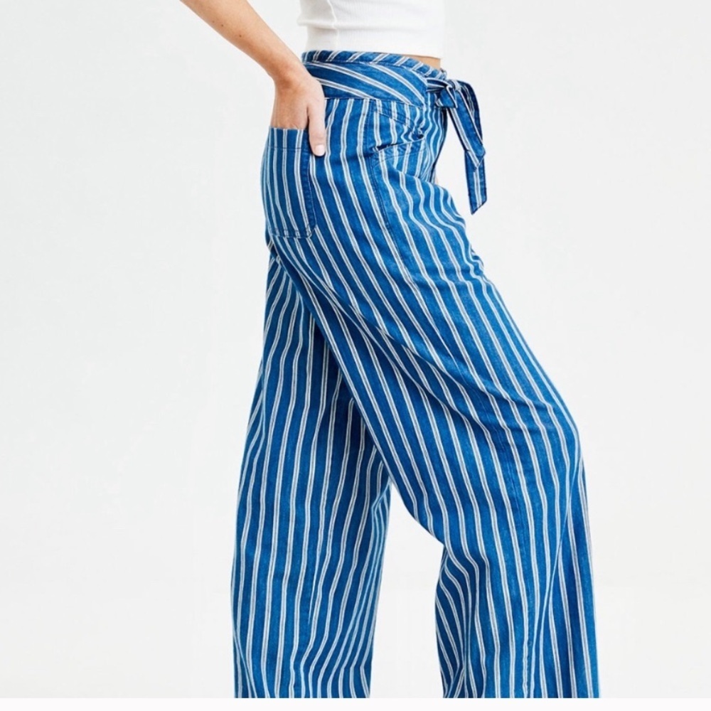 American Eagle High Waist Wide Leg Tie Waist Striped Pants 0 - Picture 2 of 6